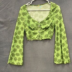 Shein Floral Green Women's Top Size 4 Wide Bell Sleeves Boho 70s Cottage Hippy